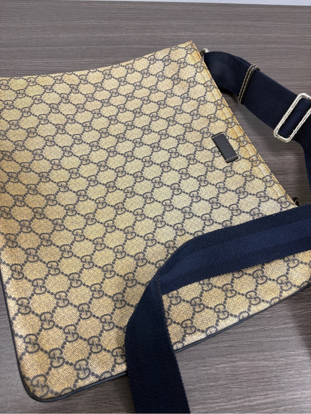 Gucci Beige/Gold Monogram Messenger Bag with Navy Strap